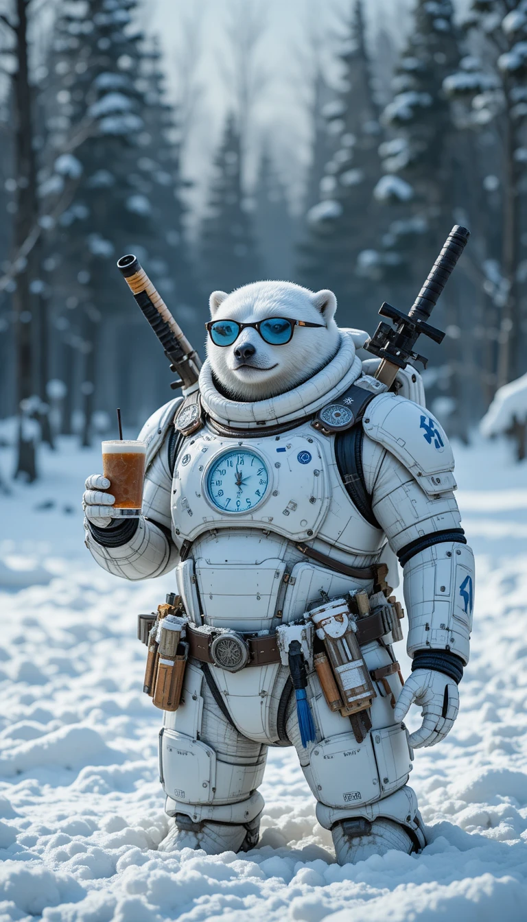 Carro polar em estilo cartoon em paisagem nevada com detalhes fofos