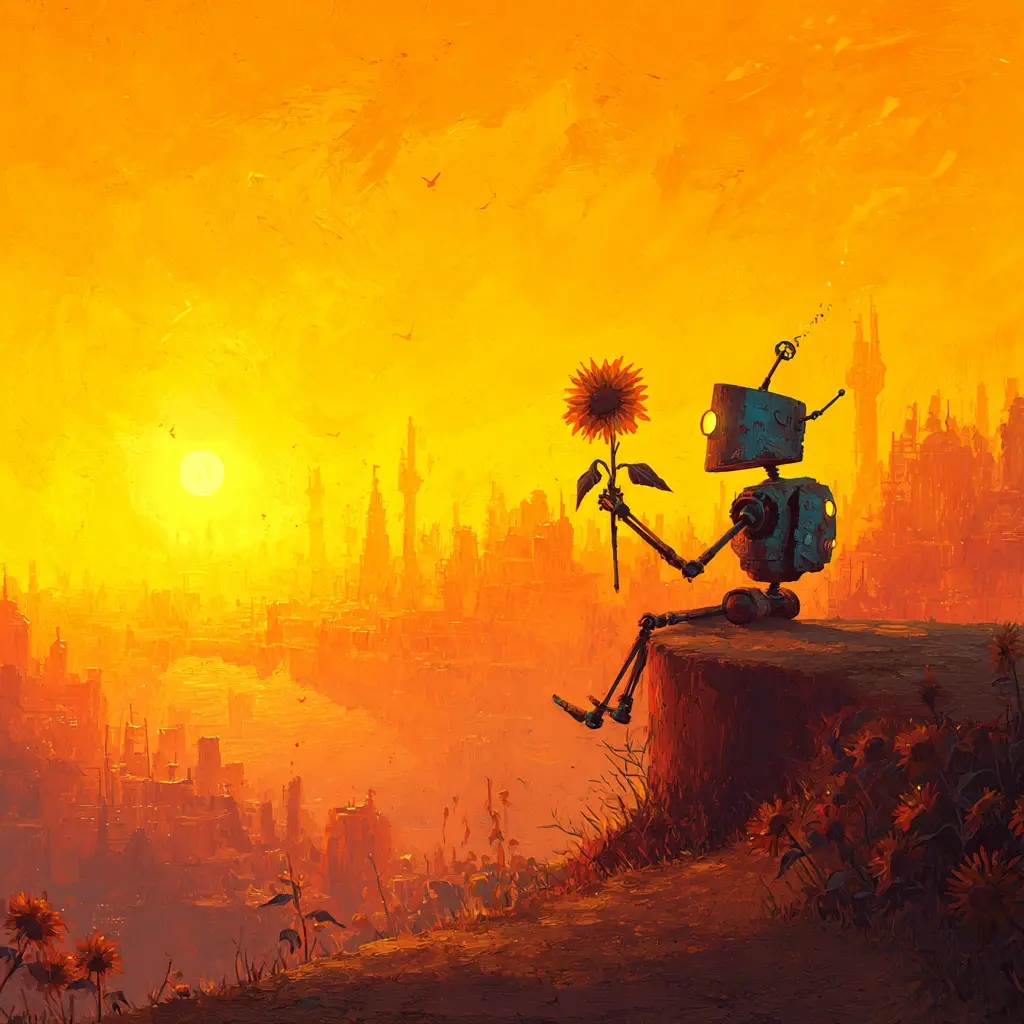 Robot cyberpunk con girasole all'ora d'oro