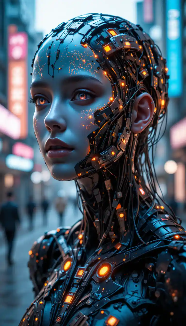 Portrait de cyborg cyberpunk avec fils neuronaux lumineux