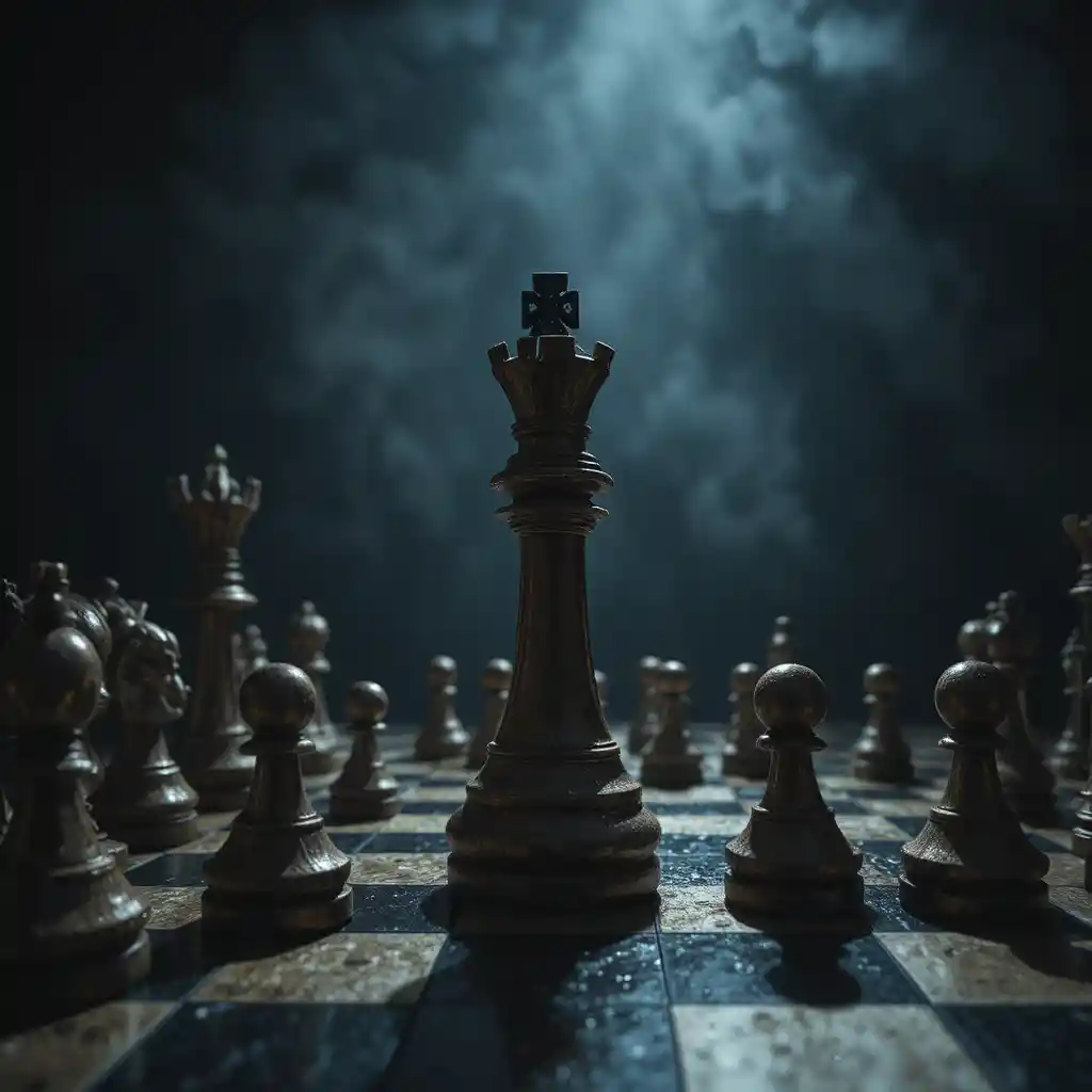Chess queen stands over fallen king on dark board