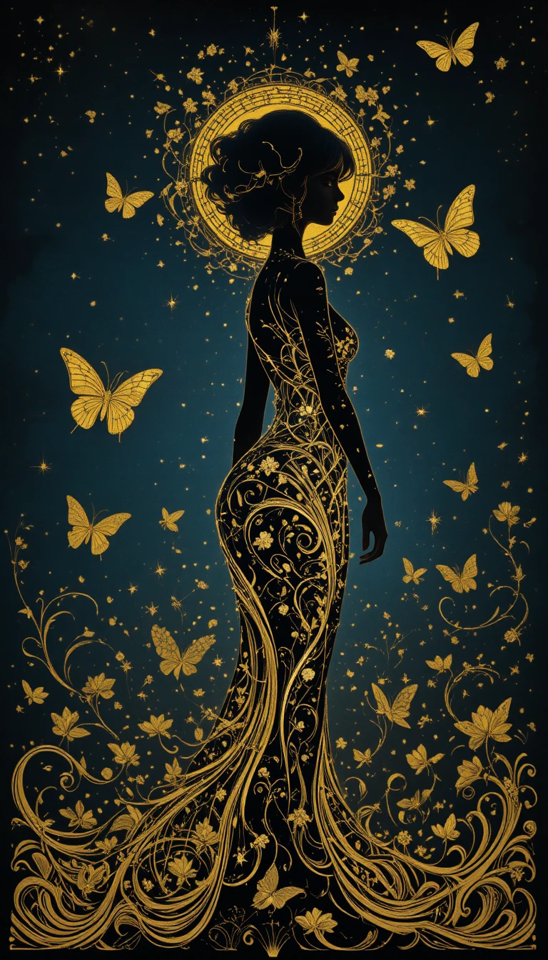 Goldene Jugendstil-Silhouette einer Frau in tiefer blauer Nacht