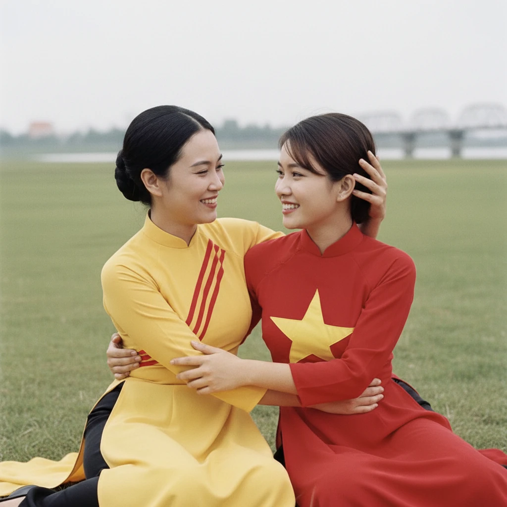 Two young Vietnamese sisters sitting together on a grassy field