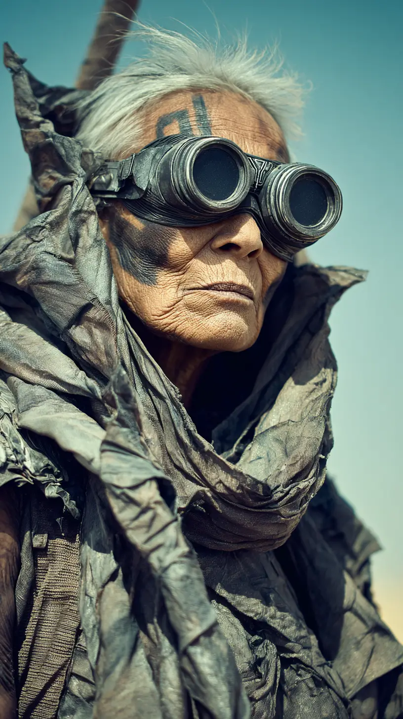 Idosa com máscara sci-fi em deserto apocalíptico