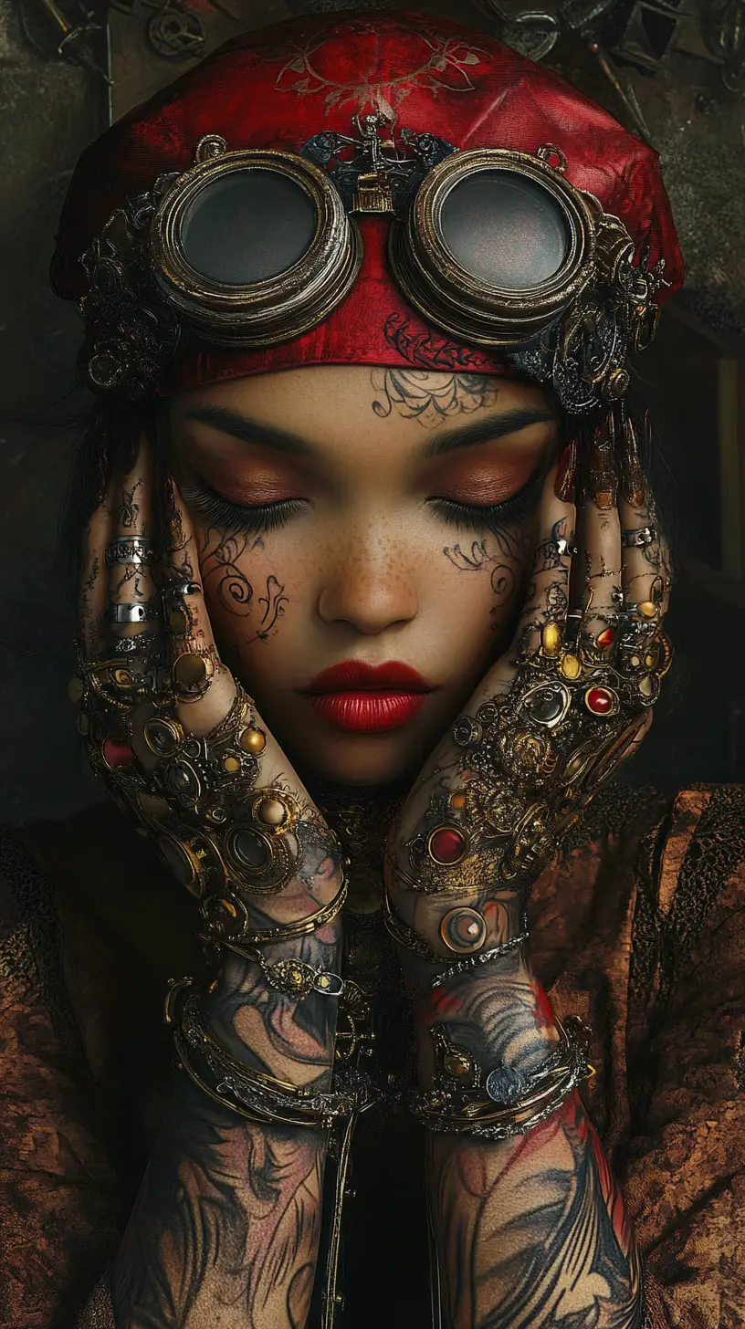 Melancholic steampunk woman in ornate goggles and jewelry