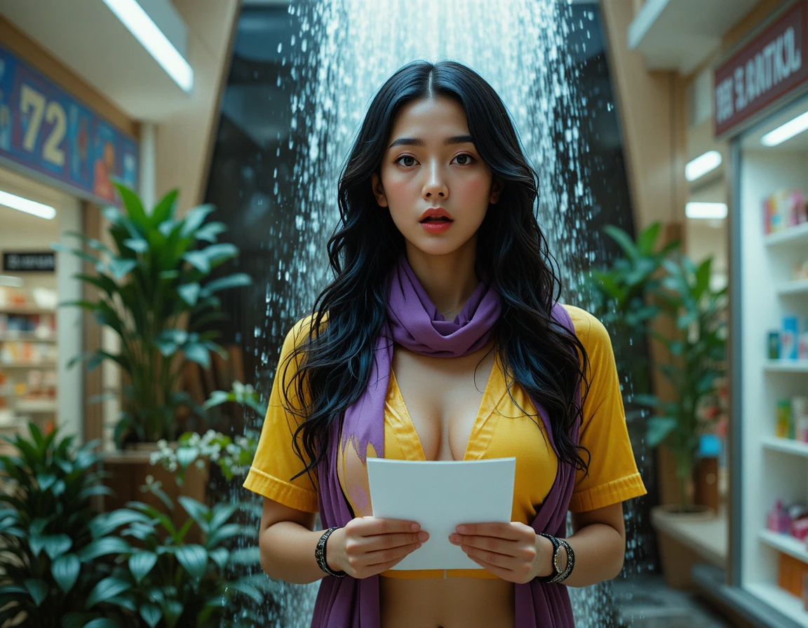 Mulher surpresa segurando papel em shopping center iluminado