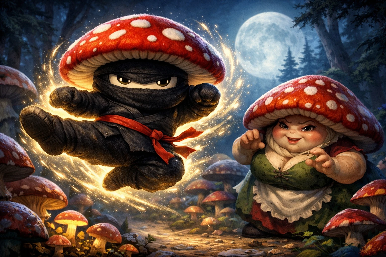 Coup de pied volant du ninja champignon sous la lune lumineuse