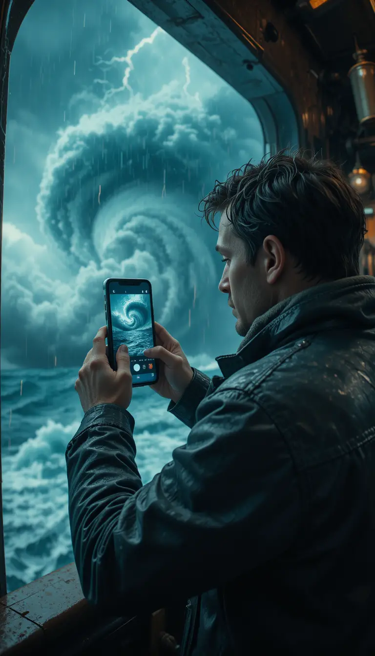 Man filming massive ocean hurricane from ship cabin