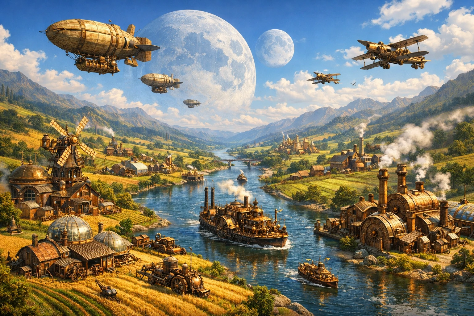 Vale steampunk com dirigíveis sobre um rio banhado pelo sol
