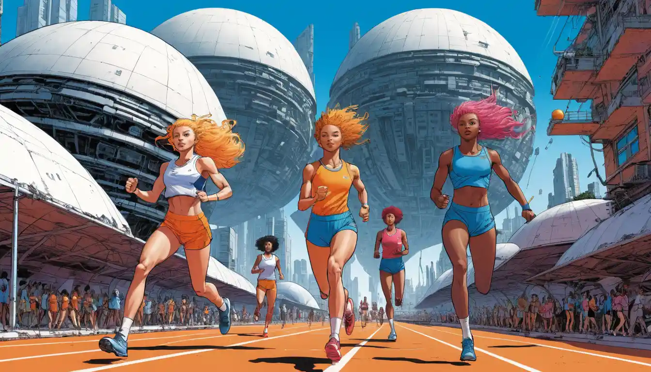 Female athletes competing on a surreal venusian track field