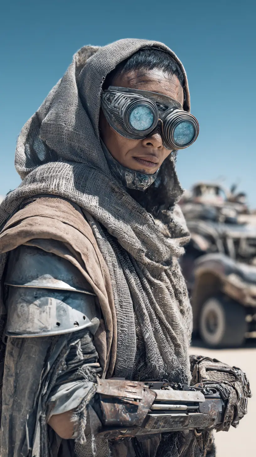 Idosa no deserto usando máscara e óculos espaciais
