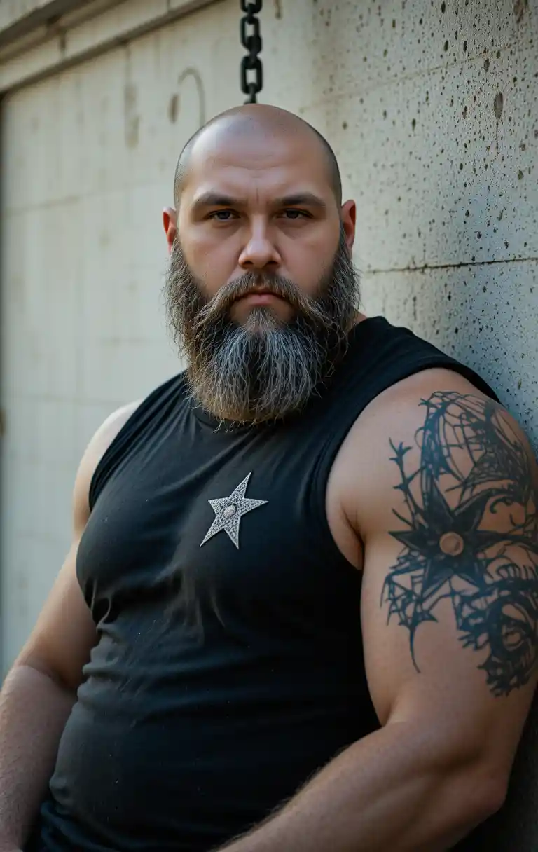 Muscular bald man in black shirt leaning on textured wall