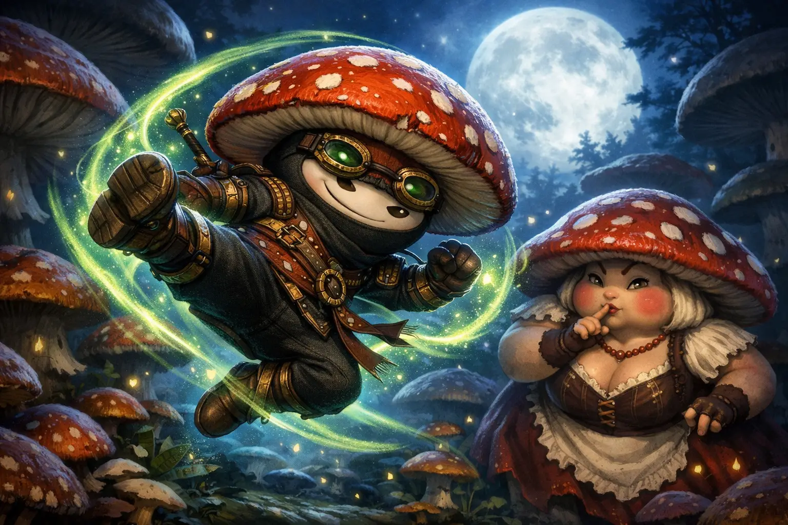 Ninja champignon steampunk dans un jardin au clair de lune