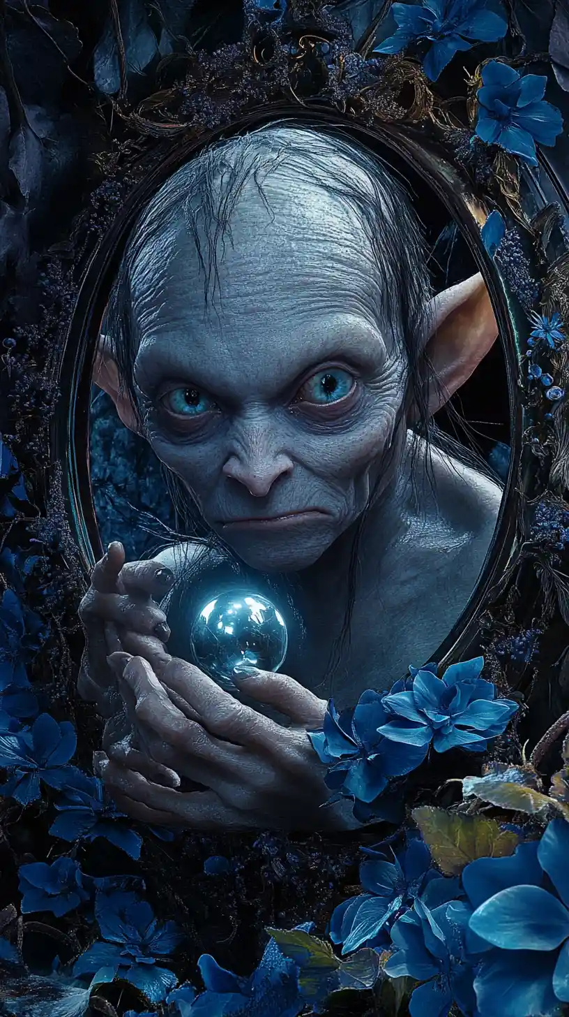 Emaciated fantasy creature clutching a glowing sphere