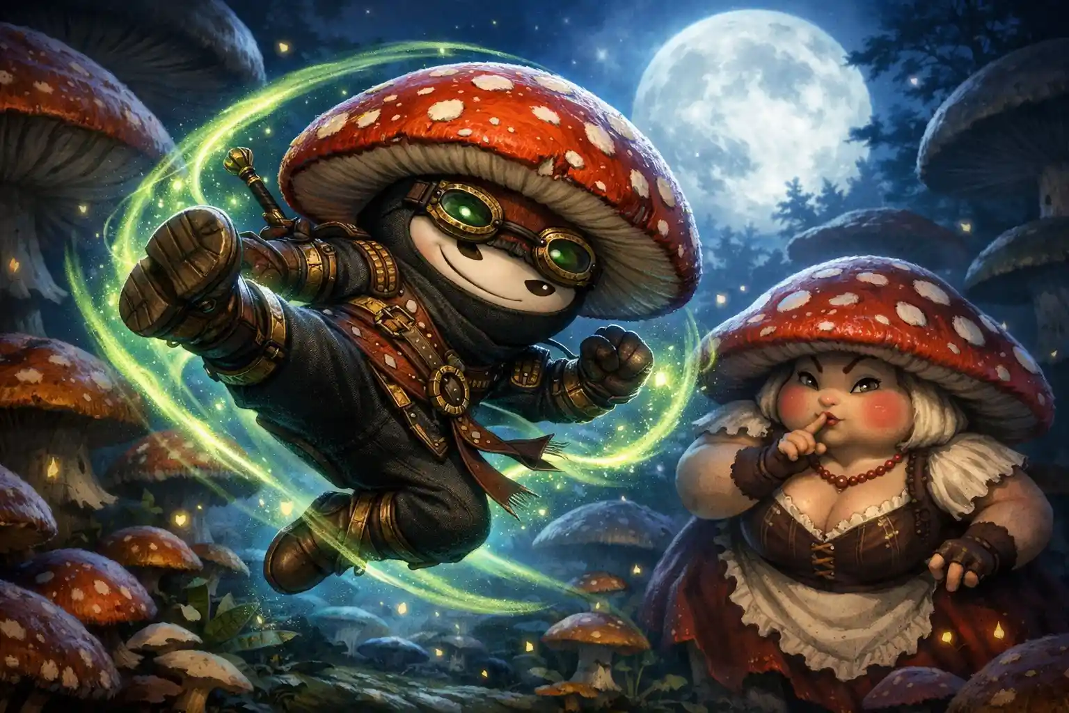 Ninja champignon steampunk dans un jardin au clair de lune