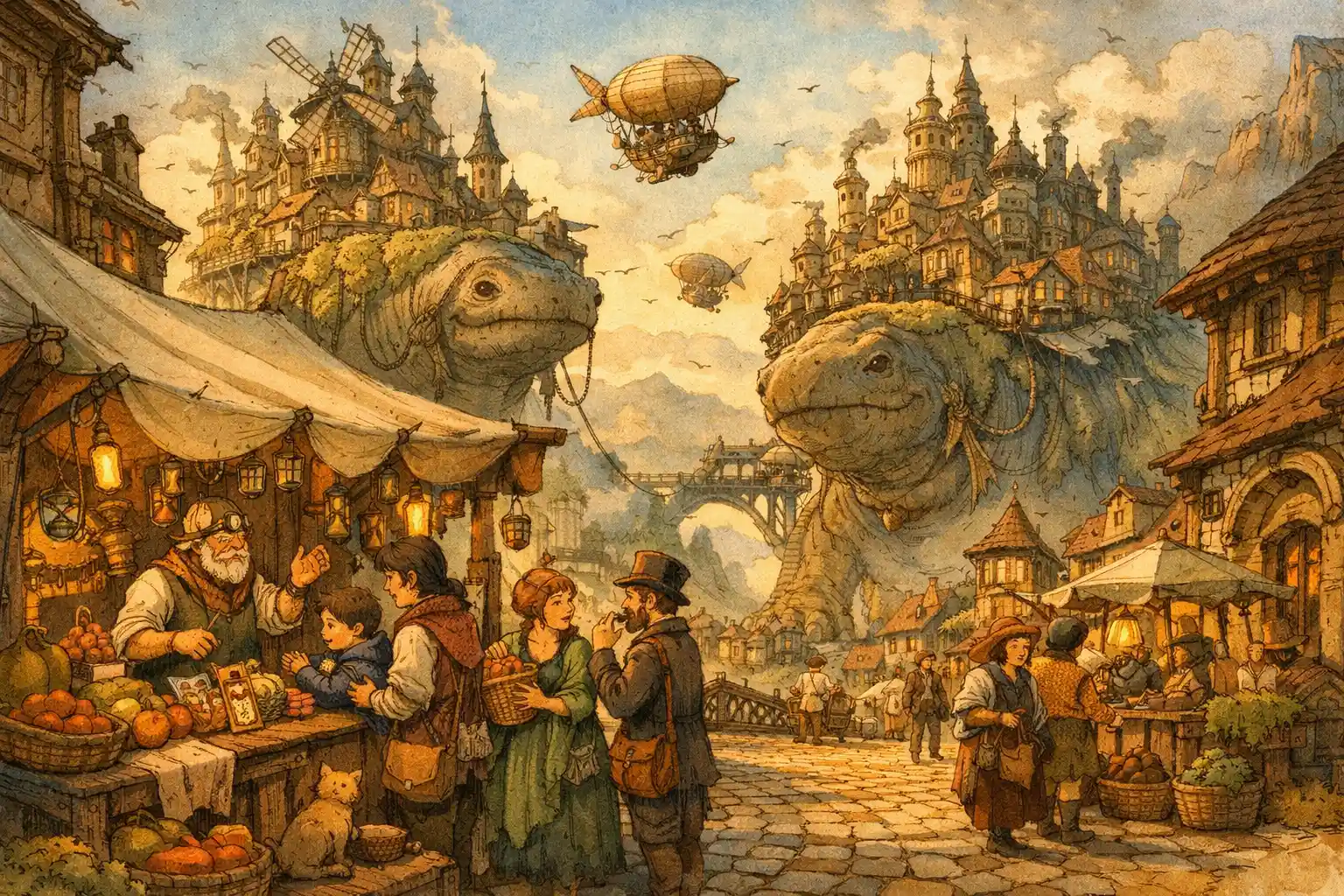 Whimsical fantasy city built on the backs of giant beings