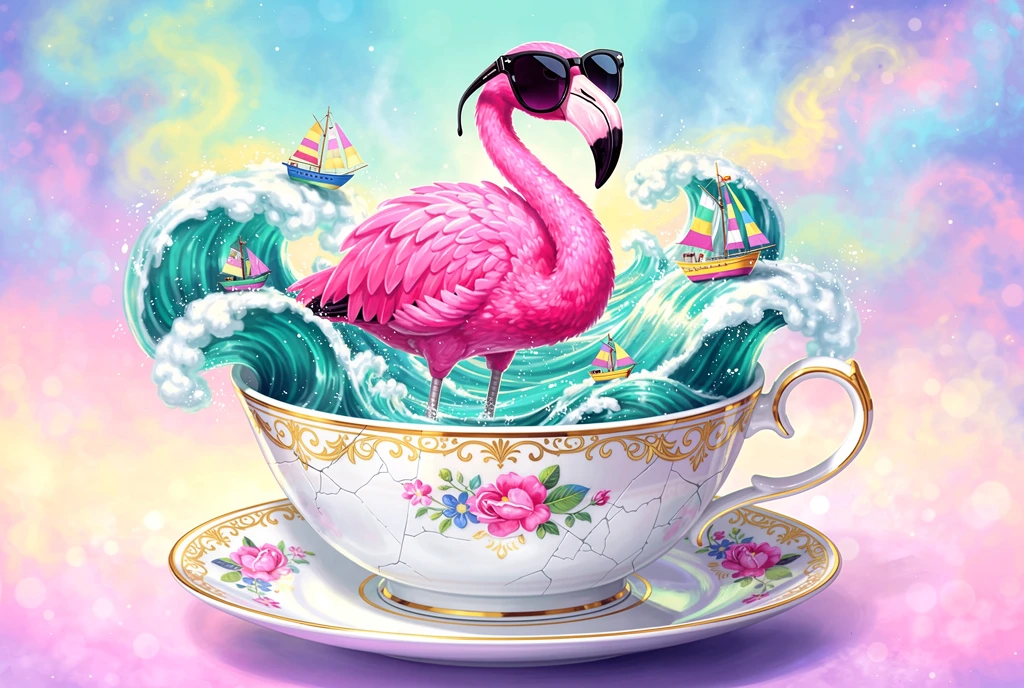 Flamingo Rosa Gigante em Mar de Xícara com Veleiros Neon