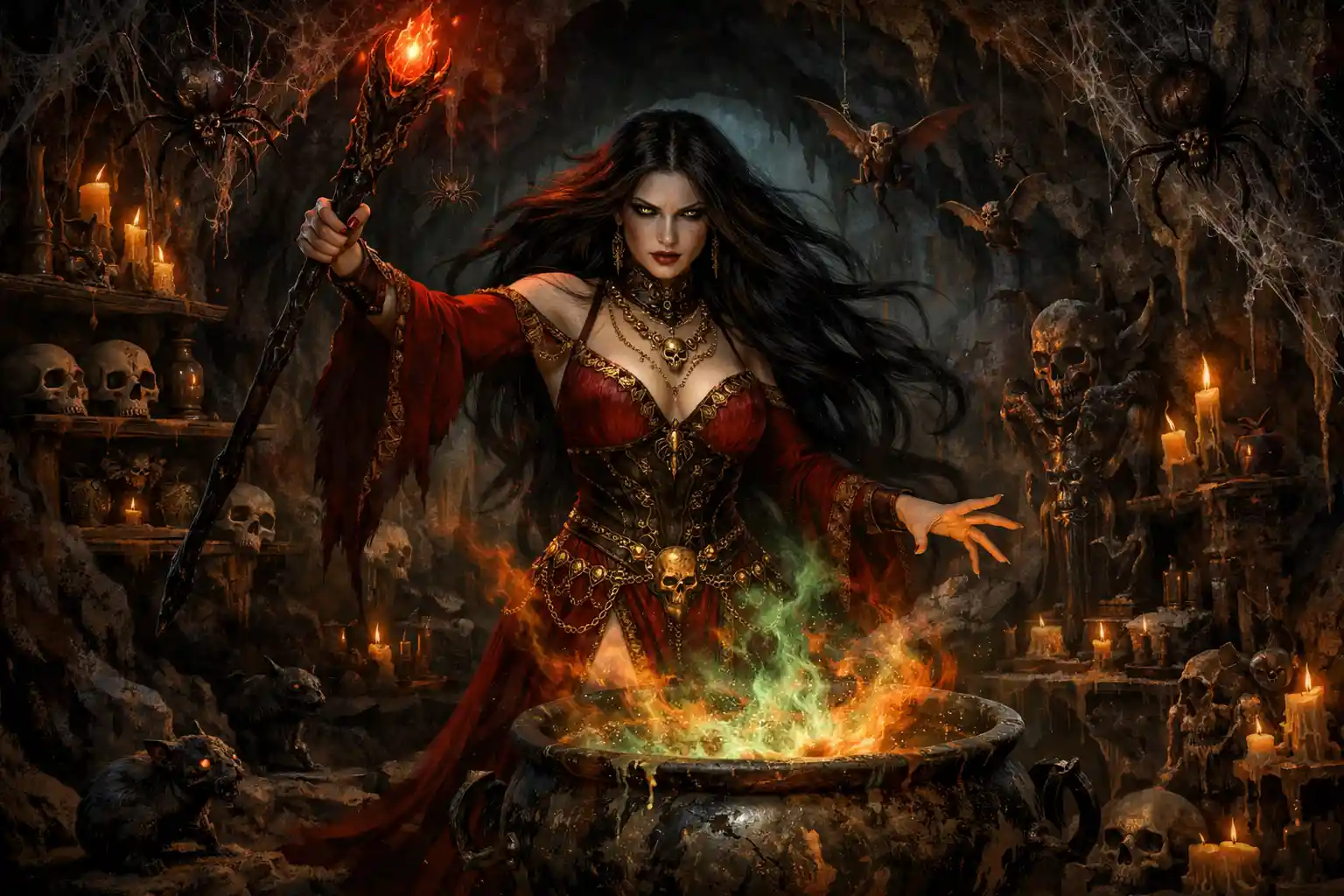 Dark sorceress raising her staff over a boiling cauldron