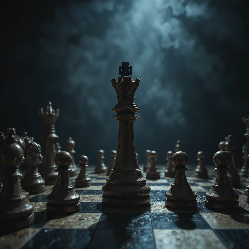 Chess queen stands over fallen king on dark board