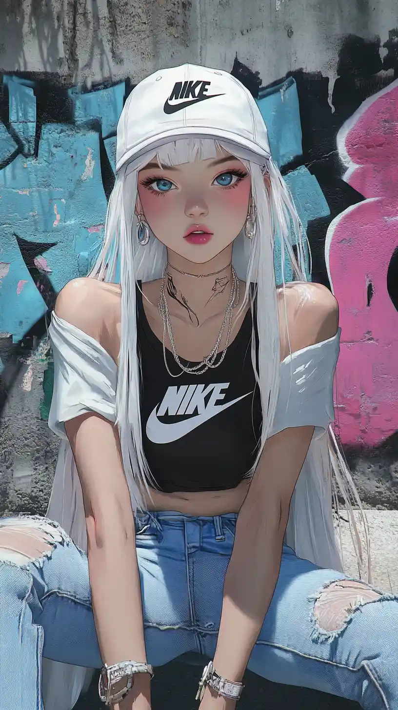 Stylish anime girl sitting by colorful graffiti wall