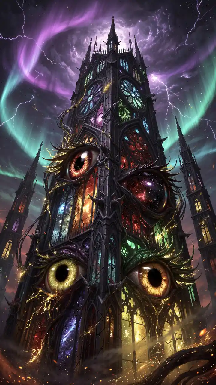 Gothic cathedral transforming into a cosmic horror entity