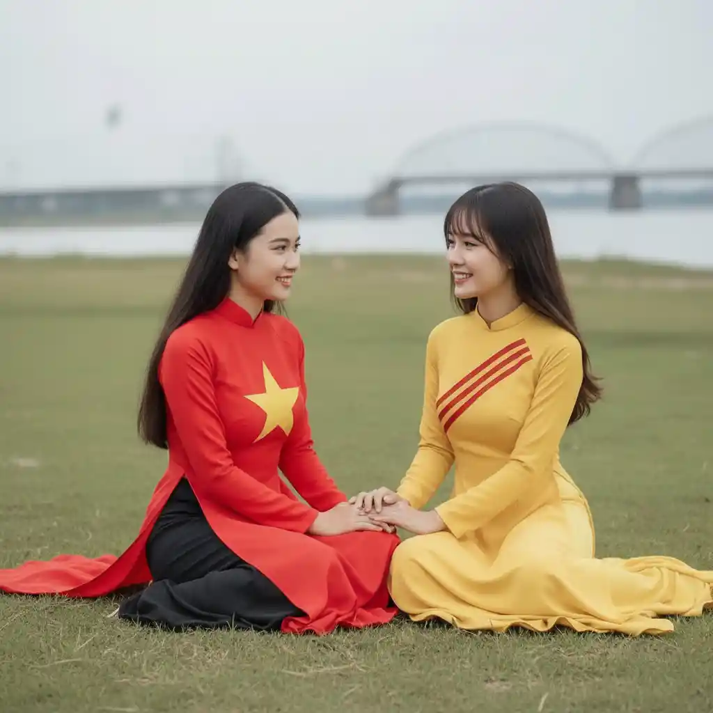 Two young sisters talking together in a riverside field