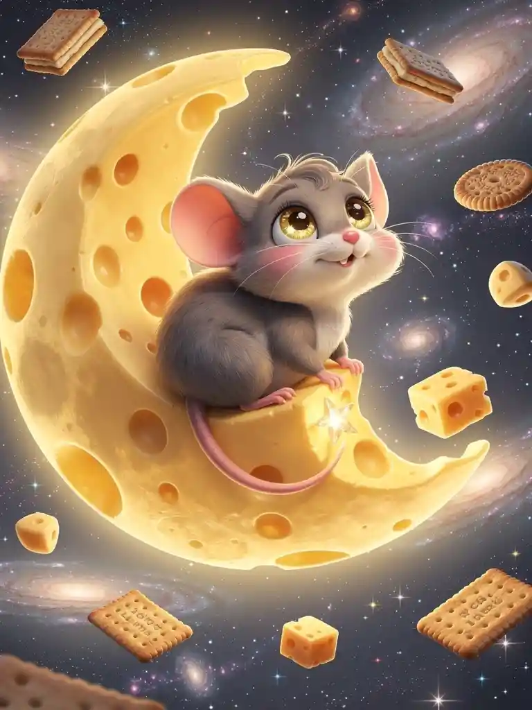 Piccolo topolino neonato che dorme su una luna di formaggio fiabesca