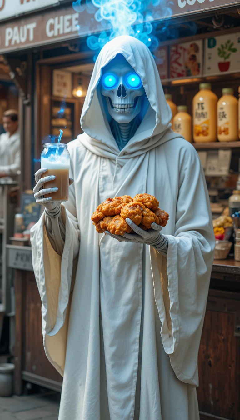 Esqueleto luminoso de túnica branca segurando milk tea e frango