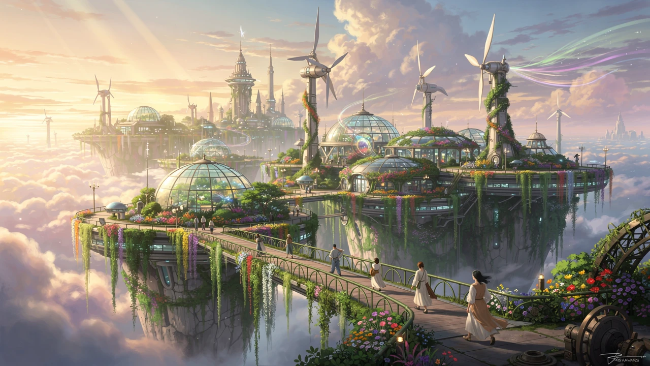 Schwebende Solarpunk-Stadt mit üppigen vertikalen Himmelsgärten