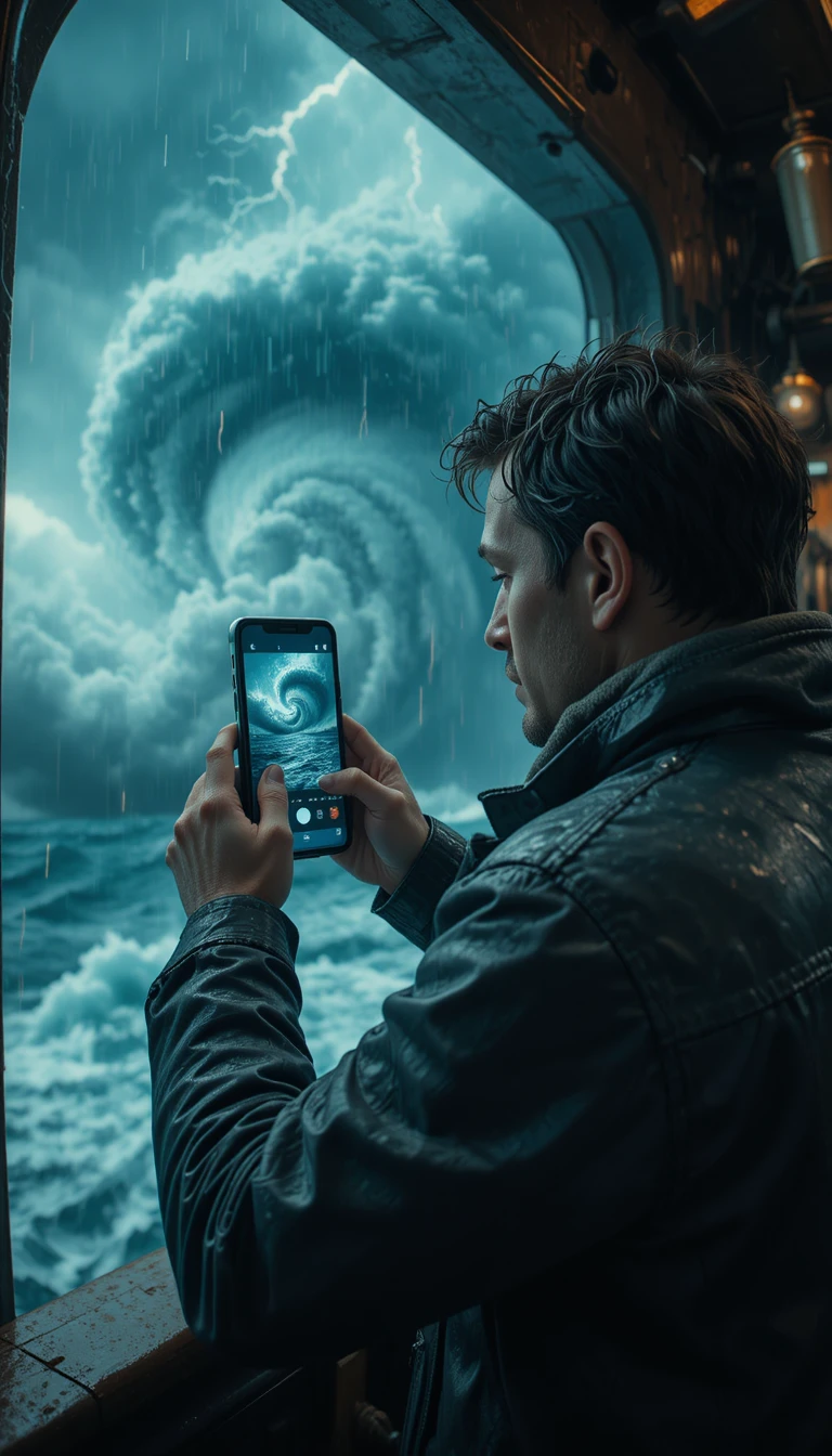 Man filming massive ocean hurricane from ship cabin