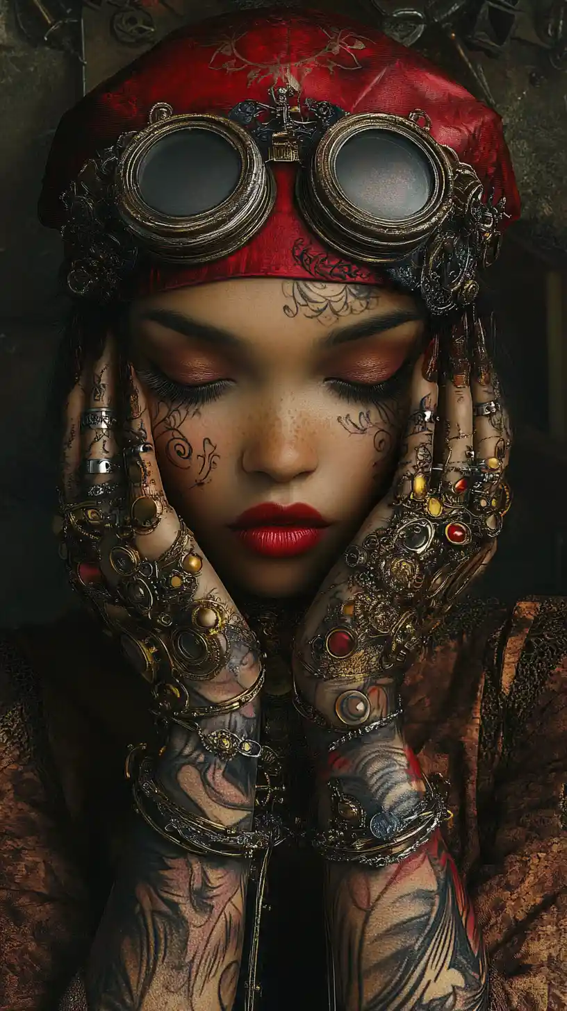 Melancholic steampunk woman in ornate goggles and jewelry
