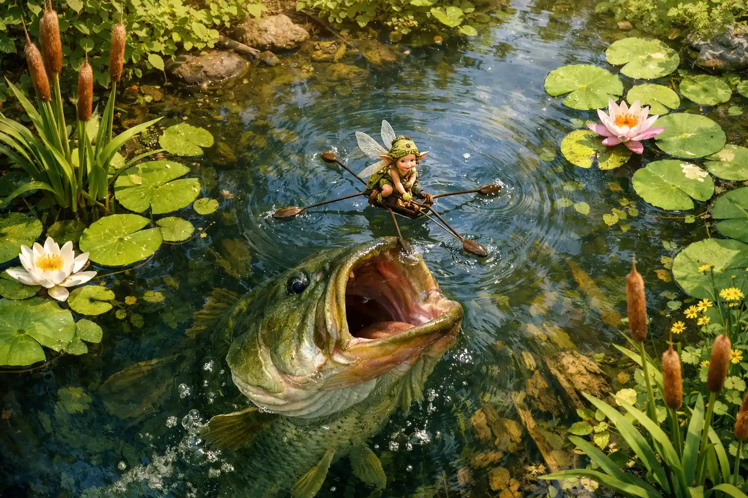 Dolce folletto del bosco che cavalca un insetto pattinatore su uno stagno