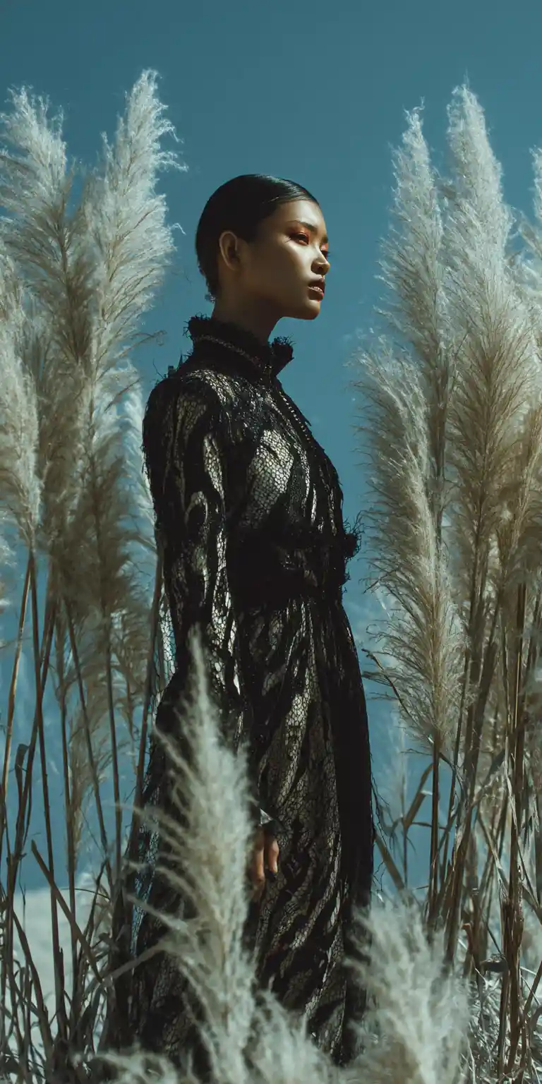 Femme fatale fashion woman in cramped editorial interior