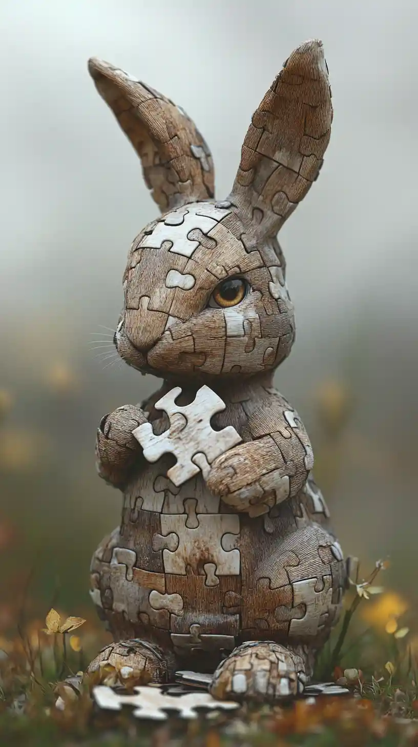 Melancholic Puzzle Piece Rabbit In Soft Close Up View