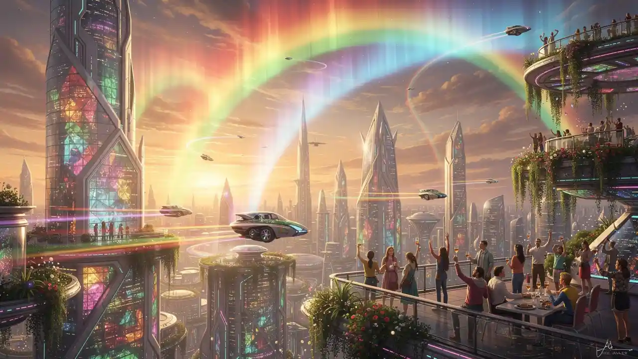 Futuristic rainbow city skyline at glowing golden hour sunset