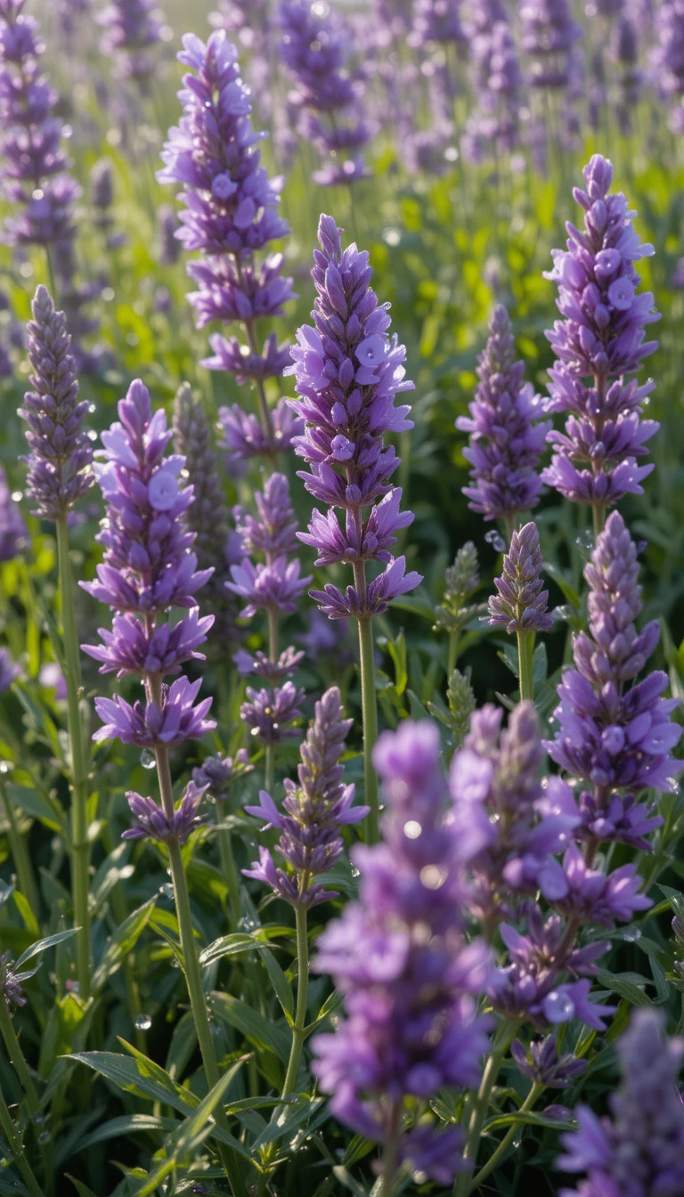 Sereno Giardino di Lavanda con Petali Rugiadati alla Luce del Mattino