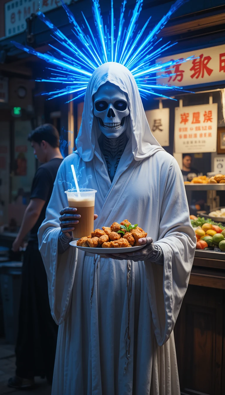 Esqueleto de manto branco brilhante com milk tea e filé de frango empanado