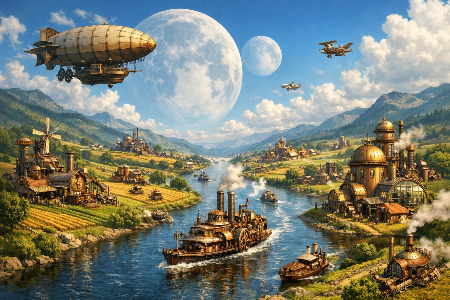Vale steampunk ensolarado com dirigíveis sobre um rio sinuoso