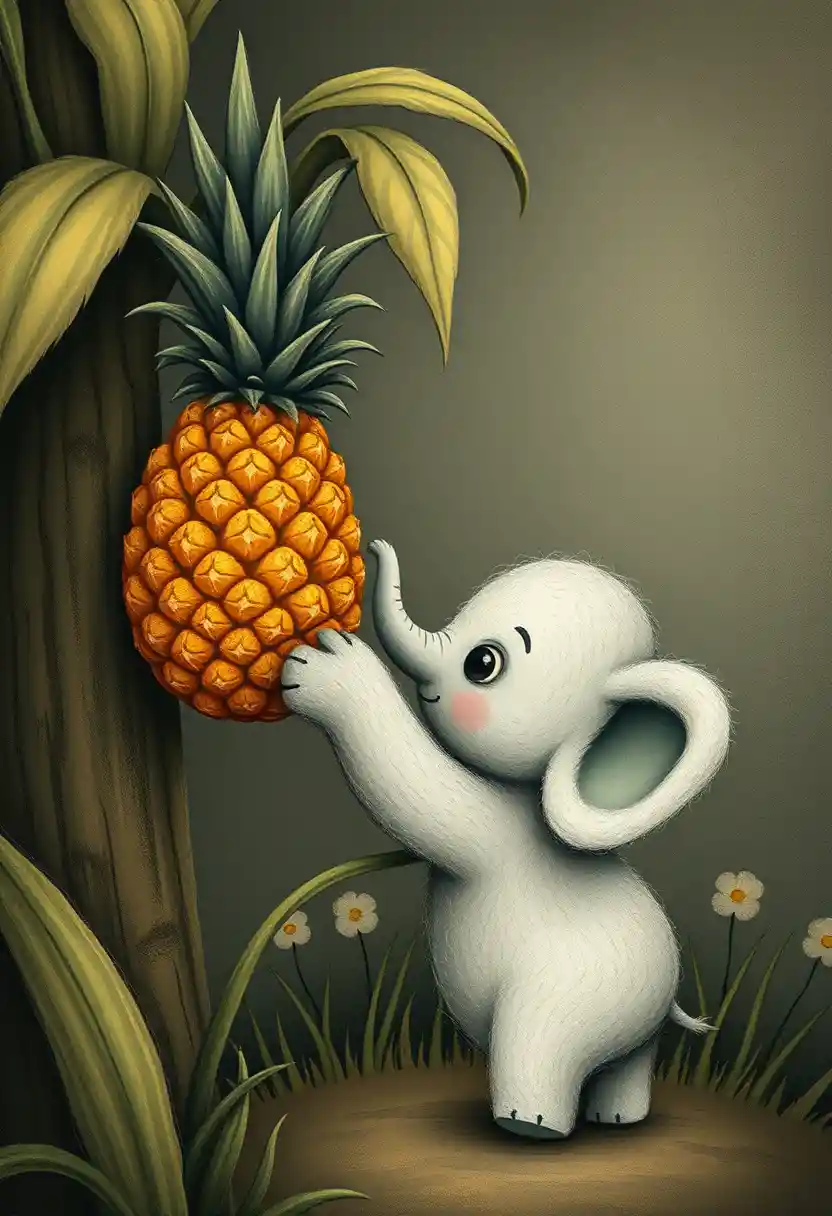 Dolce elefante di lana che cerca di raggiungere un ananas sull’albero