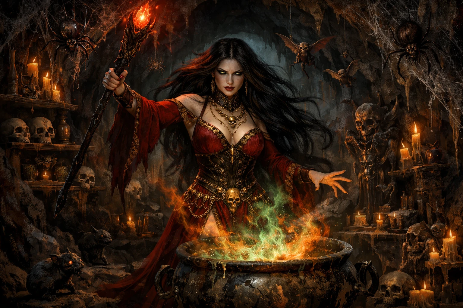 Dark sorceress raising her staff over a boiling cauldron