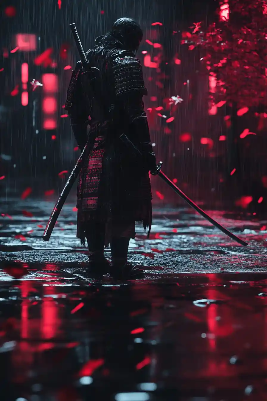 Guerrier samouraï sous la pluie avec katana et reflets néon