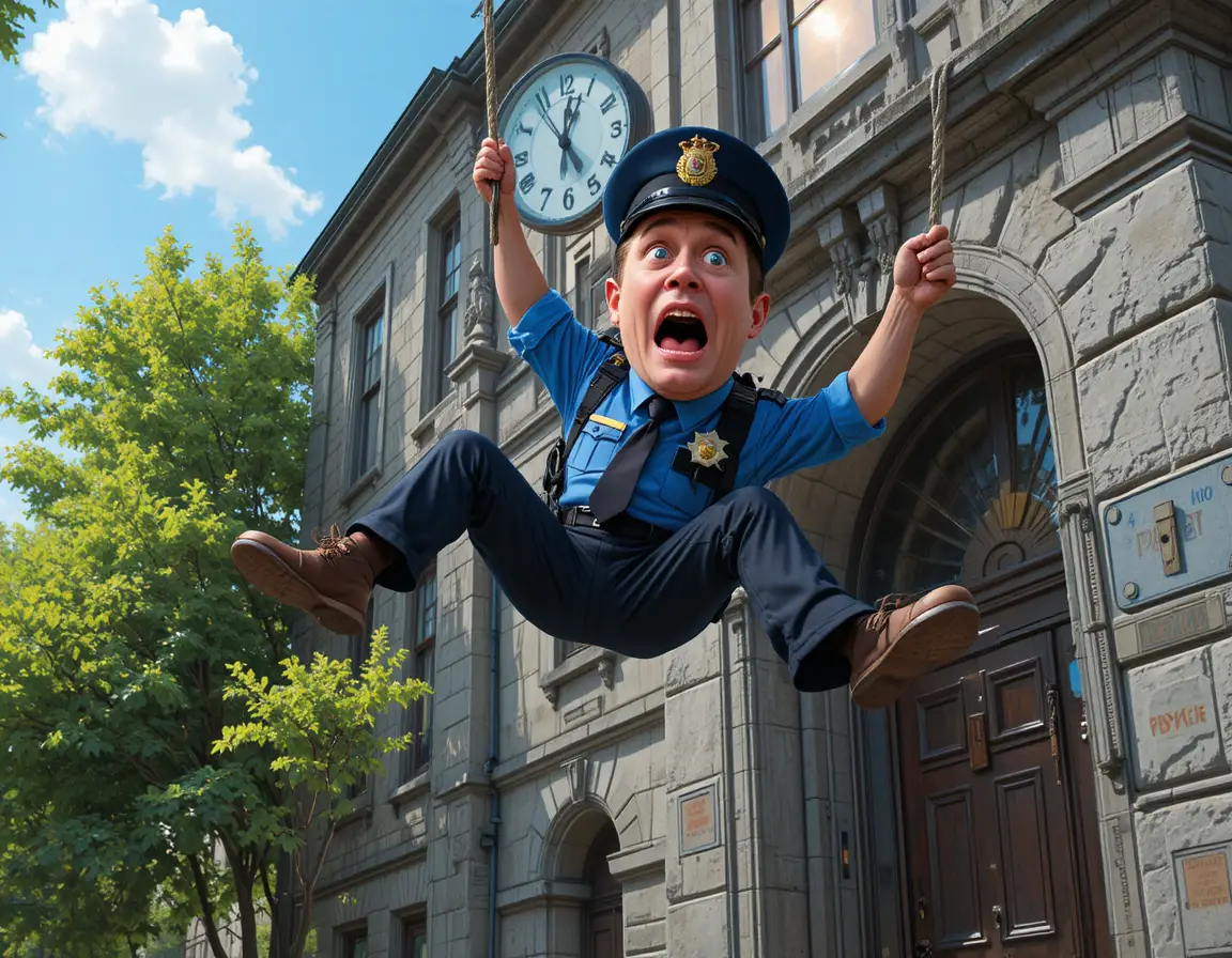 Police officer swinging on rope beside stone clock building