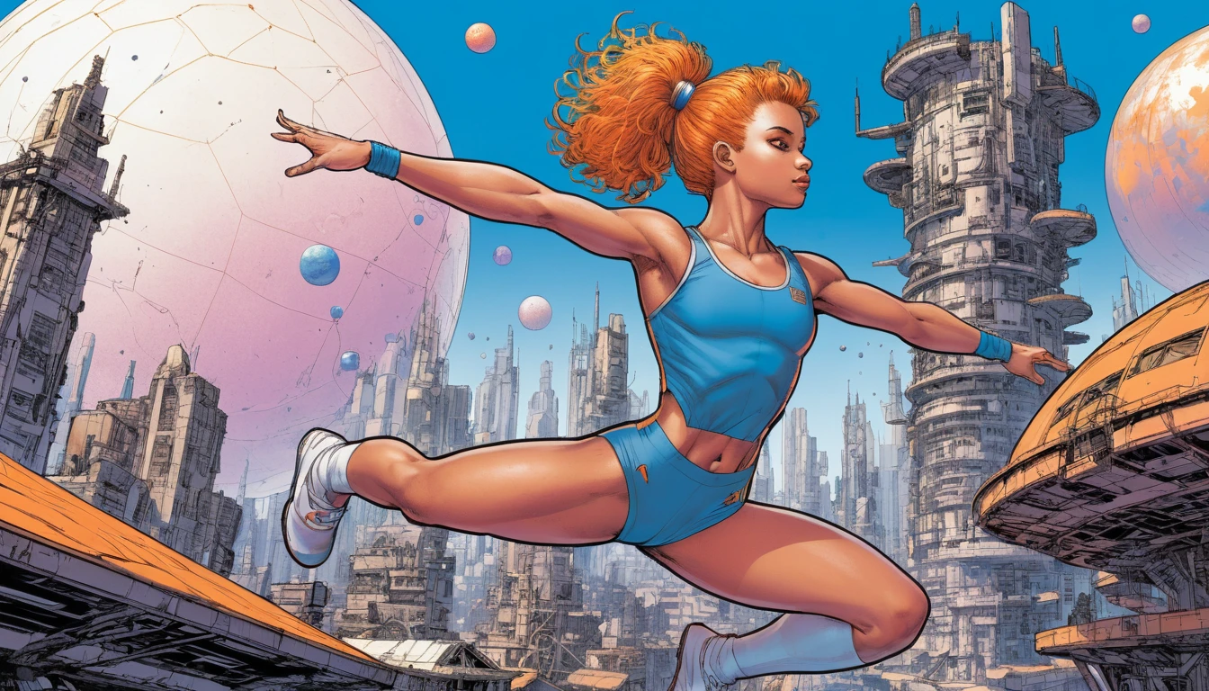 Gymnastics girl performing on a futuristic Venus arena