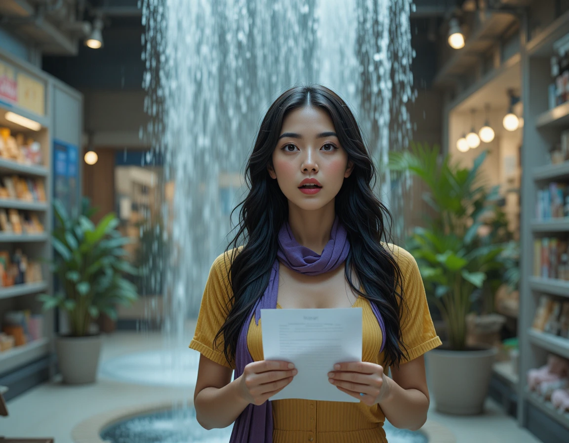 Surprised woman holding paper in bright shopping mall