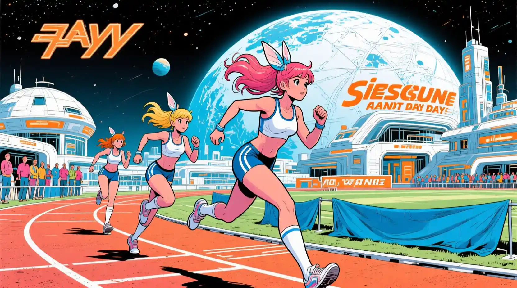 Comic-Athleten auf einer außerirdischen Venus-Leichtathletikbahn