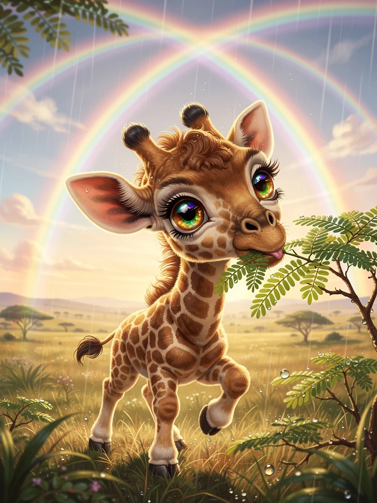 Baby giraffe walking under a glowing double rainbow