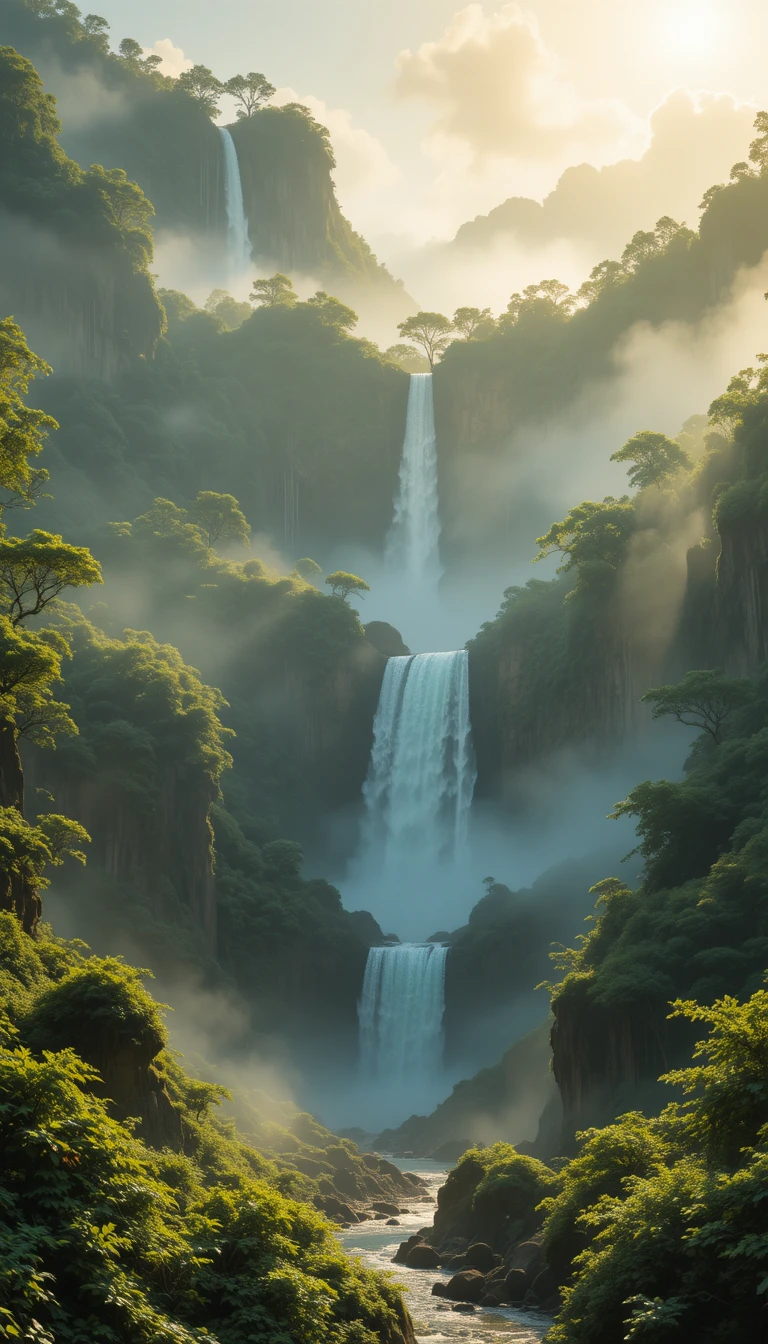 Vale esmeralda enevoado com cachoeira luminosa em cascata