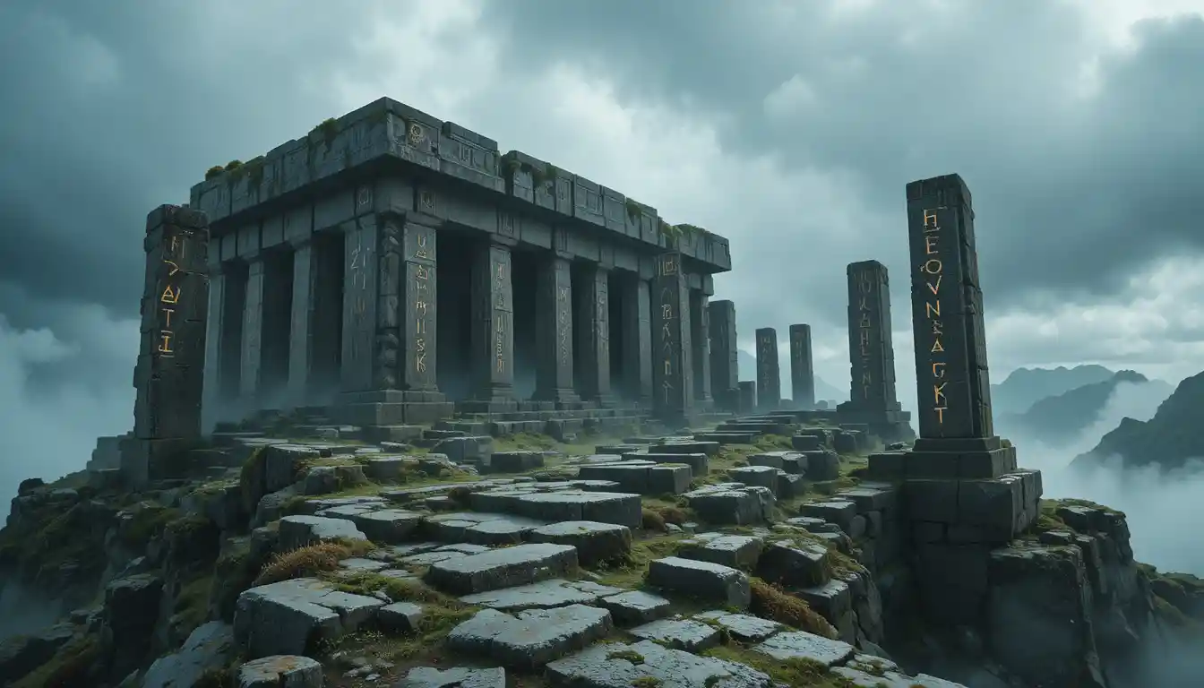Ancient mountain temple with glowing runes under stormy sky