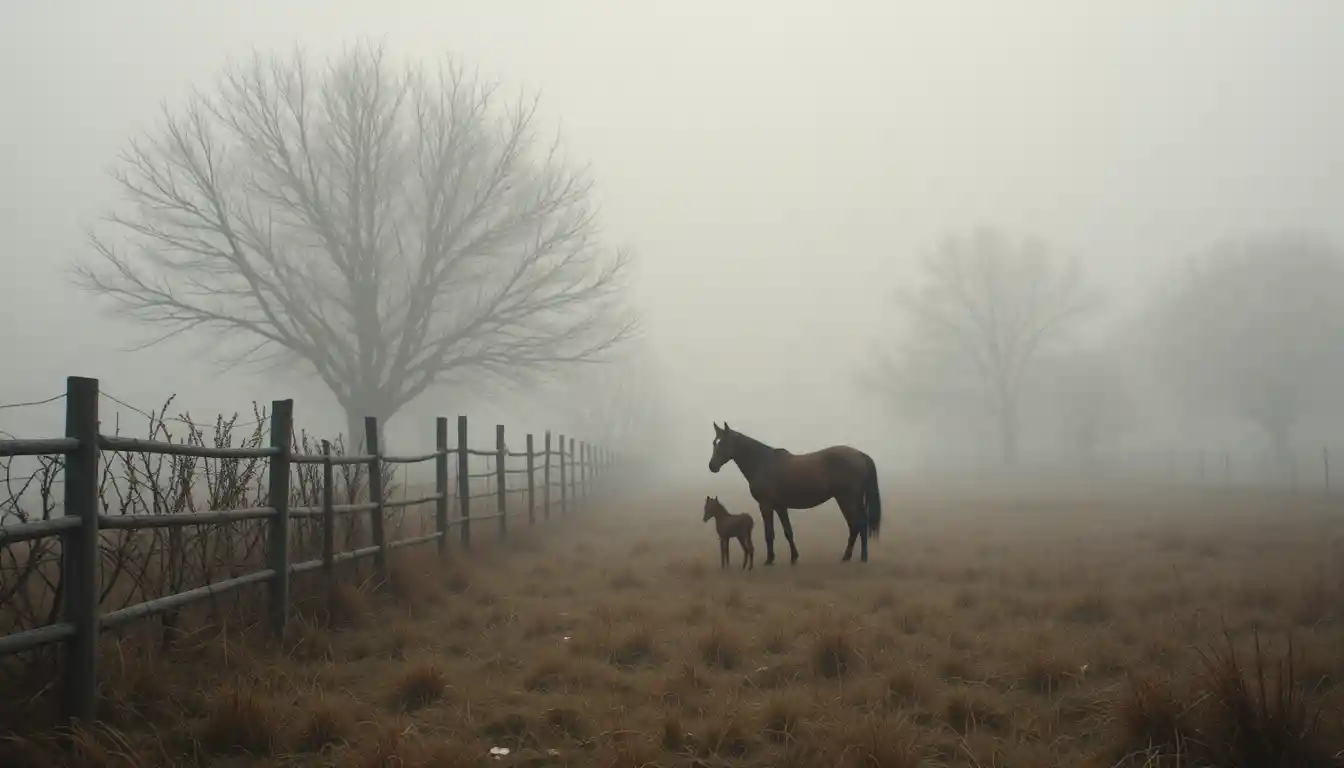 Cheval brun et poulain dans un paddock d’hiver brumeux