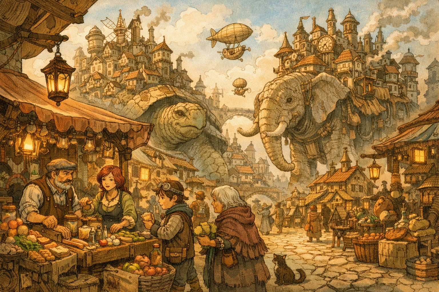 Ciudad steampunk fantástica sobre gentiles gigantes al atardecer