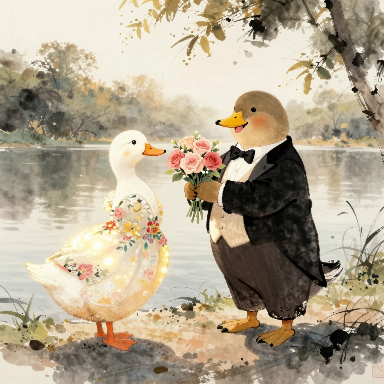 Patos românticos à beira do lago na hora dourada em estilo de pintura a tinta